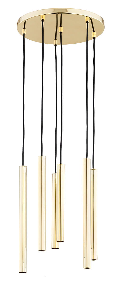 Lampa wisząca Collet 6-punktowa w kolorze złotym, z sześcioma cylindrycznymi elementami zawieszonymi na czarnych przewodach. Okrągła podstawa montażowa w złotym kolorze. Elegancki design, idealna do nowoczesnych wnętrz.