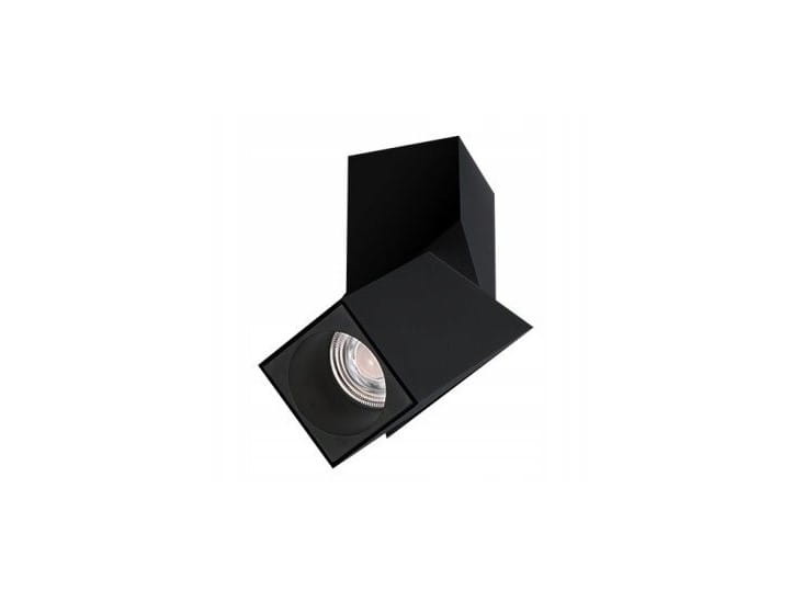 Czarna lampa sufitowa Santos Square LED 1-punktowa, z kwadratową podstawą i okrągłym źródłem światła, ustawiona pod kątem. Obramowanie matowe, minimalistyczny design, idealna do nowoczesnych wnętrz.