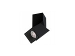 Czarna lampa sufitowa Santos Square LED 1-punktowa, z kwadratową podstawą i okrągłym źródłem światła, ustawiona pod kątem. Obramowanie matowe, minimalistyczny design, idealna do nowoczesnych wnętrz.