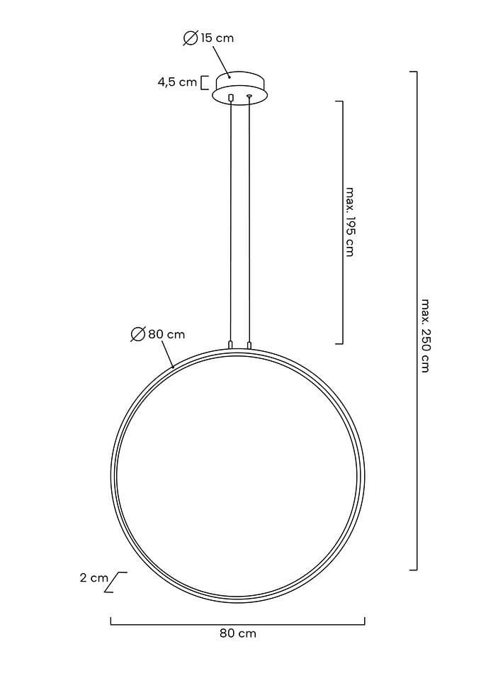 Czarna lampa wisząca Circulo 80 LED o średnicy 80 cm i grubości 2 cm, zawieszona na cienkim przewodzie. Posiada okrągły kształt i montaż sufitowy. Wysokość regulowana do maksymalnie 250 cm.