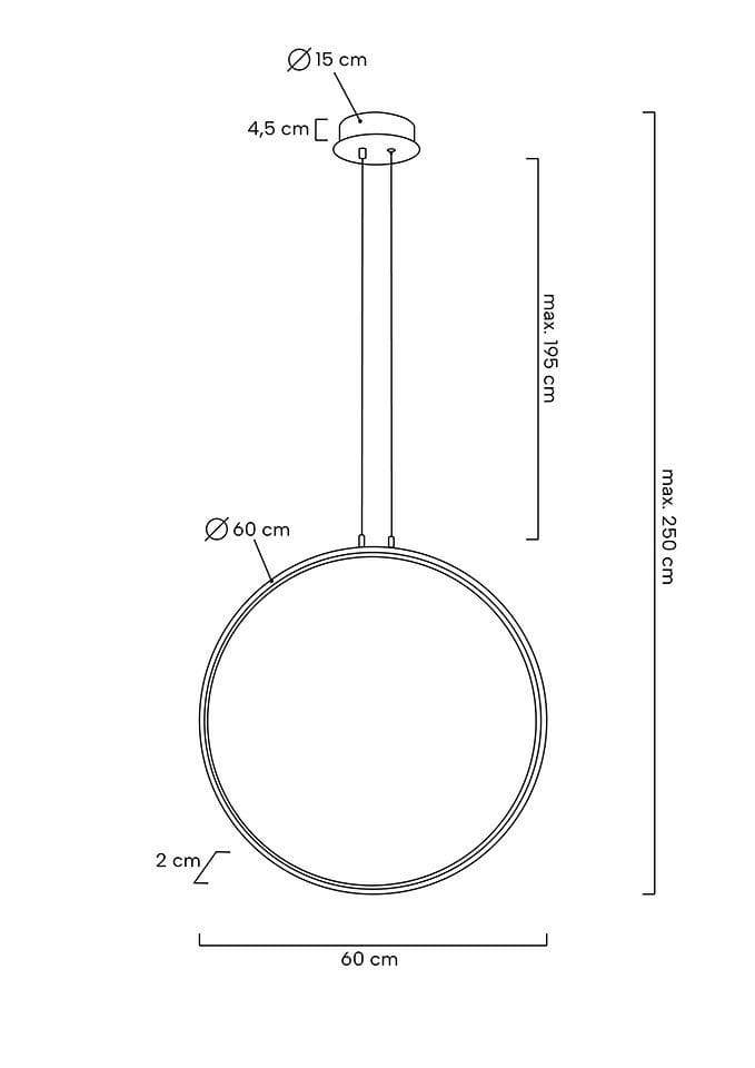 Lampa wisząca Circulo 60 LED w kolorze czarnym, o średnicy 60 cm i grubości 2 cm. Posiada regulowaną wysokość do 250 cm. Montaż za pomocą stropowego uchwytu o średnicy 15 cm i wysokości 4,5 cm. Prosta, nowoczesna forma.