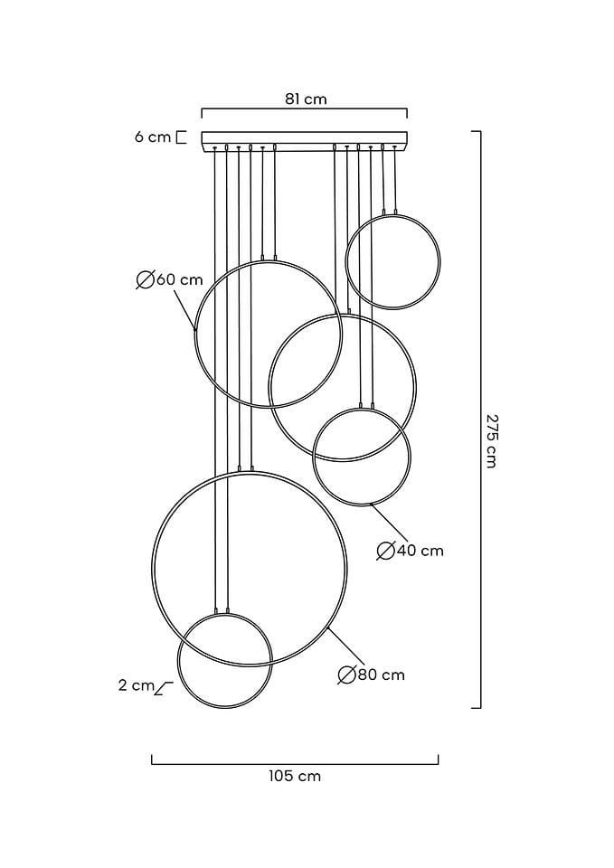Czarna lampa wisząca Circulo Six LED 6-punktowa, składająca się z okrągłych elementów o różnych średnicach: 60 cm, 80 cm, 40 cm. Wymiary: szerokość 81 cm, wysokość 275 cm, głębokość 105 cm. Montaż sufitowy z długimi kabelkami.