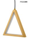 Złota, wisząca lampa LED w kształcie trójkąta z metaliczną, matową powierzchnią. Produkt zawieszone na czarnym kablu, z białą wnęką wewnętrzną. Ujęcie frontalne, eksponujące minimalistyczny design i symetryczną formę.