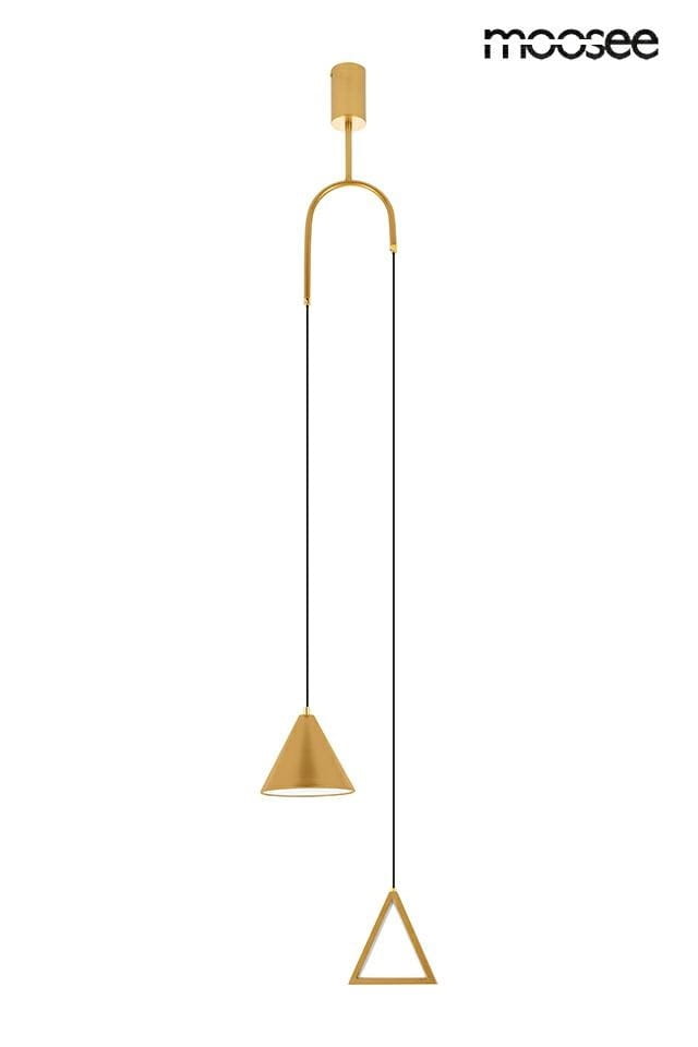 Złota lampa wisząca Acustica z dwiema oprawami w kształcie stożka i trójkąta, zawieszona na czarnych przewodach. Uchwyt montażowy w kolorze złotym, minimalistyczny design. Idealna do nowoczesnych wnętrz.
