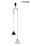 Czarna lampa wisząca Acustica LED z dwoma punktami świetlnymi, składająca się z stożkowego klosza i trójkątnej dekoracji, zawieszona na cienkim kablu, z okrągłym mocowaniem sufitowym. Minimalistyczny design, idealna do nowoczesnych wnętrz.