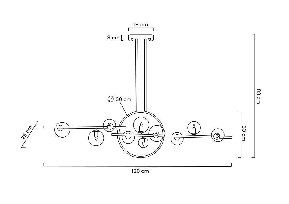 Czarna lampa wisząca Alure Line 120 LED z 11 punktami świetlnymi. Wymiary: długość 120 cm, wysokość 83 cm, szerokość 30 cm. Okrągła podsufitka o średnicy 30 cm, minimalistyczny design, zawieszenie na cienkim stelażu.