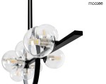 Czarna lampa wisząca Alure Line 120 LED z 11 punktami świetlnymi. Oświetlenie składa się z przezroczystych kloszy z żarówkami LED. Produkt zawieszony, widoczny z bliska, ukazuje detale konstrukcji i materiałów.