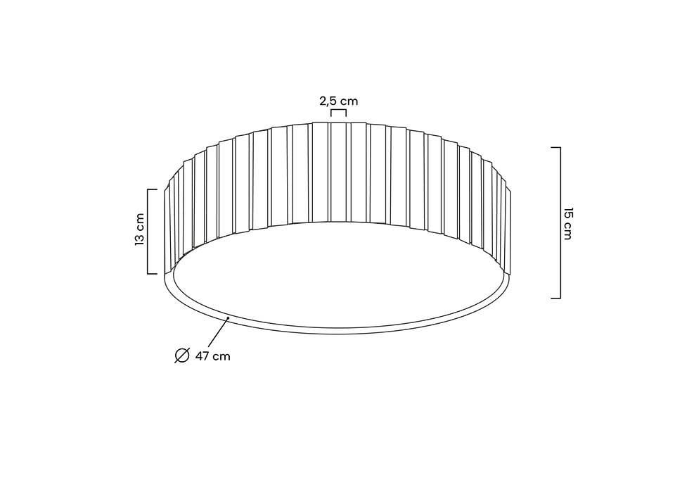 Złoty plafon LED Crown 50, okrągły, o średnicy 47 cm, wysokości 15 cm i szerokości 2,5 cm. Wzór z poziomymi żłobieniami, idealny do oświetlenia wnętrz w stylu nowoczesnym.