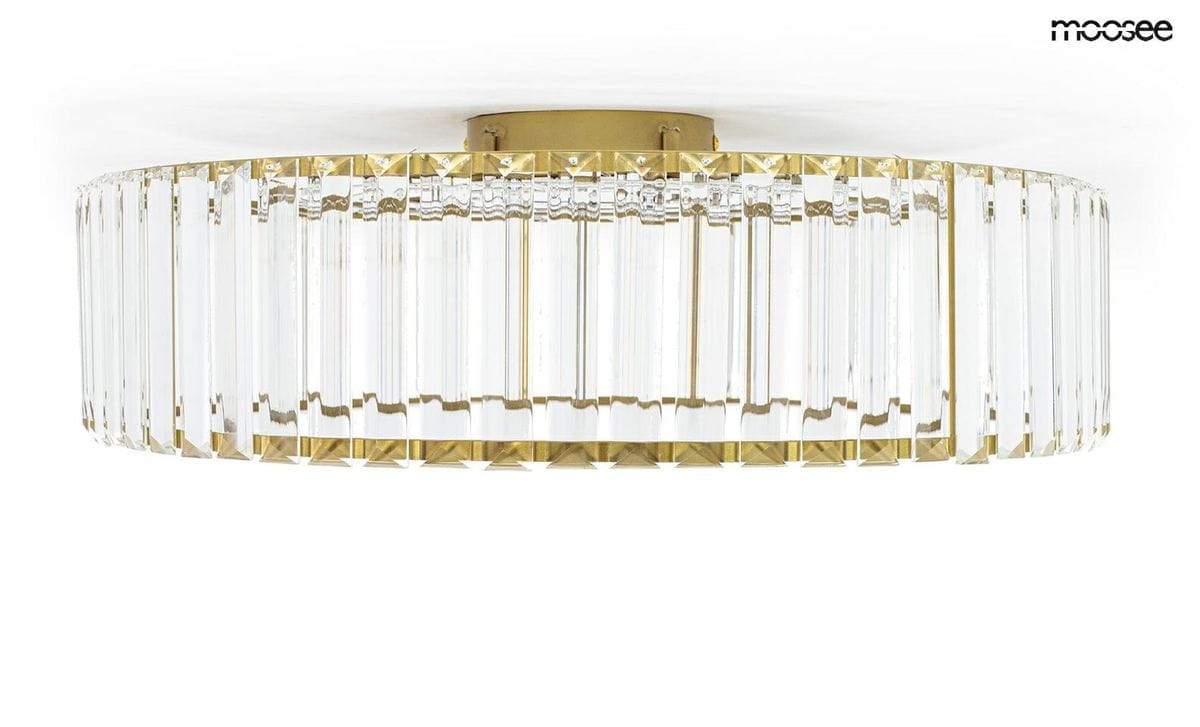 Plafon LED Crown 50 w złotej oprawie z przezroczystymi, prostokątnymi elementami. Produkt zamontowany na suficie, w widoku frontalnym, z wyraźnymi detalami i teksturą szkła. Idealny do nowoczesnych wnętrz.