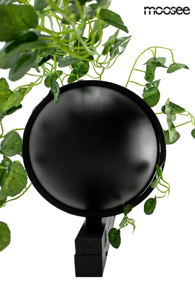 Czarny kinkiet LED Plant Wall, okrągła lampa o matowej powierzchni, zamontowana na prostokątnej podstawie. Wokół lampy widoczne sztuczne liście roślin, tworzące efekt zielonej aranżacji. Produkt w ujęciu frontalnym.