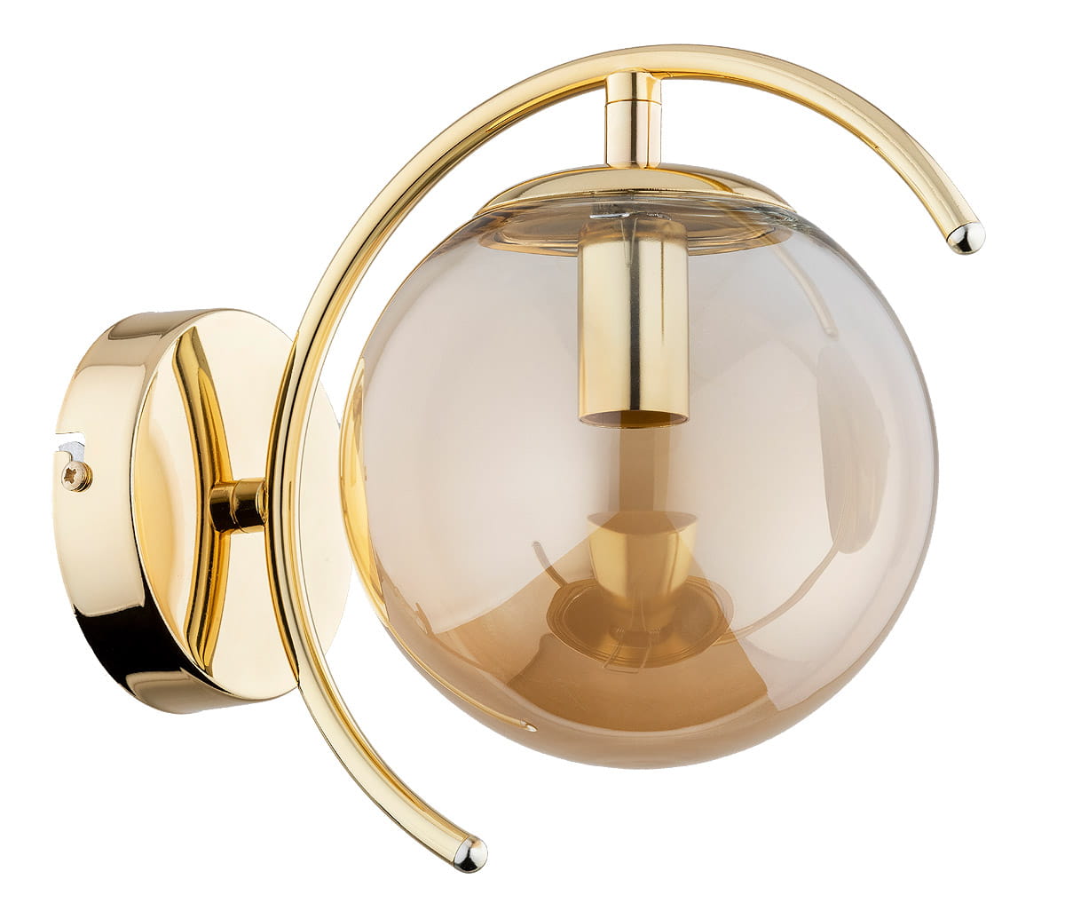 Kinkiet El Dorado 1-punktowy w kolorze złotym, z półkulistym kloszem w odcieniu brązowym, zamontowany na okrągłej podstawie. Lampa ma elegancki, zaokrąglony kształt z metalowymi elementami. Widok z boku, eksponujący detale konstrukcji.