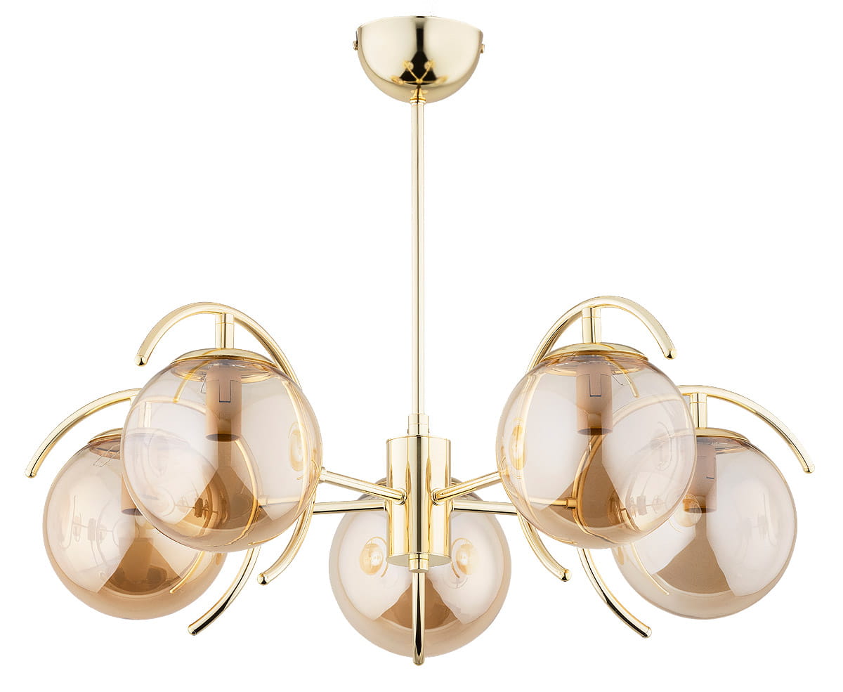 Lampa wisząca El Dorado 5-punktowa w złotym wykończeniu, z pięcioma szklanymi kloszami w odcieniu brązowym. Klosze umieszczone na delikatnych, metalowych ramionach, zawieszona na cienkim stelażu.