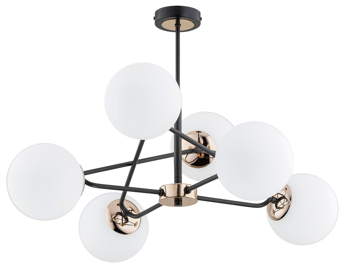 Lampa wisząca Sagito White, 6-punktowa. Konstrukcja czarna z mosiężnymi detalami, sześć białych, okrągłych kloszy. Ujęcie z dołu, prezentujące stylowy układ i połączenia. Idealna do nowoczesnych wnętrz.