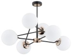 Lampa wisząca Sagito White, 6-punktowa. Konstrukcja czarna z mosiężnymi detalami, sześć białych, okrągłych kloszy. Ujęcie z dołu, prezentujące stylowy układ i połączenia. Idealna do nowoczesnych wnętrz.