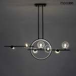 Lampa wisząca Alure Line Twin 90 LED, czarna, 8-punktowa. Okrągła konstrukcja z sześcioma szklanymi kloszami w stylu industrialnym, zawieszona na dwóch linkach. Górna część z podświetleniem LED, minimalistyczny design.