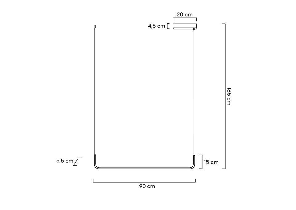 Czarna lampa wisząca Shape 90 LED, 1-punktowa. Wymiary: długość 90 cm, wysokość 185 cm, szerokość 20 cm, grubość 4,5 cm. Prosty, minimalistyczny design z metalową konstrukcją. Przeznaczona do nowoczesnych wnętrz.