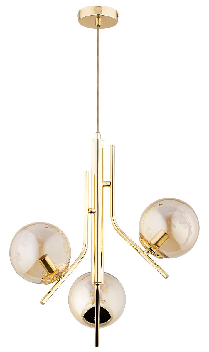 Lampa wisząca Estel 3-punktowa w kolorze złotym. Składa się z trzech przezroczystych kul w złocistym wykończeniu, zamocowanych na smukłych, metalowych ramionach. Ujęcie frontalne, zawieszona na cienkim przewodzie, z okrągłym, złotym mocowaniem sufitowym.