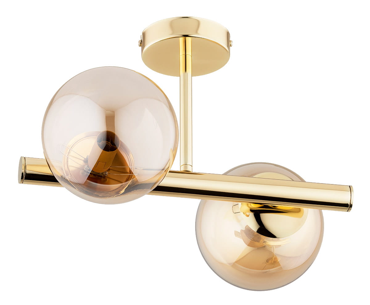 Lampa sufitowa Eral 2-punktowa w kolorze złotym z dwoma szklanymi kloszami w odcieniu brązowym. Konstrukcja metalowa, z poziomą rurą podtrzymującą klosze. Zainstalowana na okrągłej podstawie.