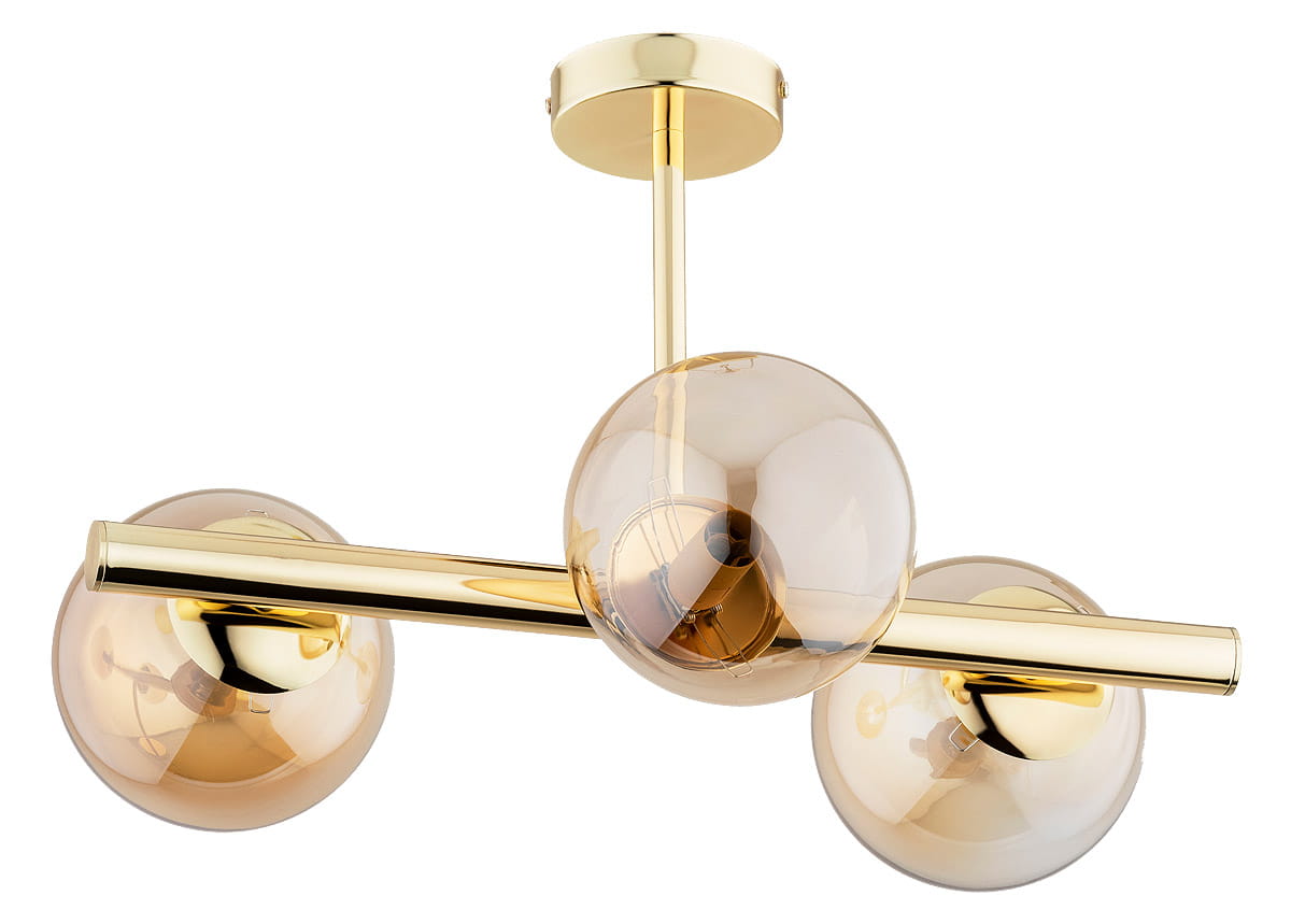Lampa sufitowa Eral 3-punktowa w kolorze złotym, z trzema szklanymi kloszami w odcieniu bursztynowym. Ułożenie poziome z metalowym stelażem. Klosze okrągłe, wykończenie błyszczące, montowana do sufitu.