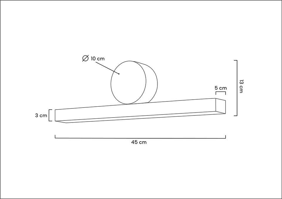 Kinkiet Wand 45 LED w złotym kolorze, o wymiarach 45 cm długości, 13 cm wysokości i 5 cm szerokości. Główna część ma prostokątny kształt, z okrągłym elementem o średnicy 10 cm. Prosty design, idealny do nowoczesnych wnętrz.