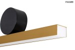 Kinkiet Wand 45 LED w kolorze złotym z prostokątnym kloszem i okrągłą podstawą w kolorze czarnym. Produkt zamontowany na ścianie, z widocznym źródłem światła. Prosty, nowoczesny design.