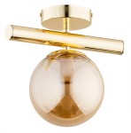 Złota lampa sufitowa Eral z jednym punktem świetlnym, z okrągłą, przezroczystą kloszem w odcieniu brązowym. Ujęcie z dołu, pokazujące metalowy stelaż i klosz, który osłania żarówkę. Idealna do nowoczesnych wnętrz.