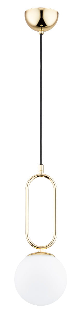Złota lampa wisząca Vavil D150 z białą, okrągłą kulą. Posiada metalowy, owalny element, zwisający na czarnym przewodzie. Ujęcie frontalne, produkt zawieszony, idealny do nowoczesnych wnętrz.