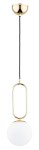 Złota lampa wisząca Vavil D150 z białą, okrągłą kulą. Posiada metalowy, owalny element, zwisający na czarnym przewodzie. Ujęcie frontalne, produkt zawieszony, idealny do nowoczesnych wnętrz.