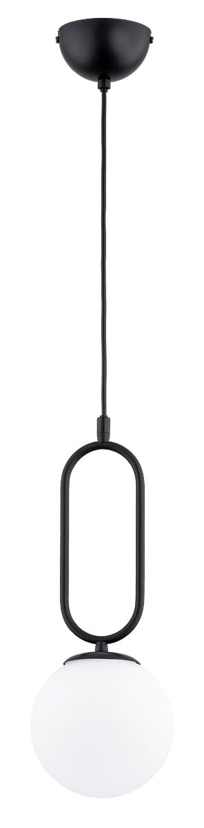 Lampa wisząca Vavil D150 w kolorze czarnym z białym kloszem w kształcie kuli, zawieszona na cienkim czarnym przewodzie. Kształt konstrukcji jest minimalistyczny, z okrągłym mocowaniem sufitowym i prostokątnym uchwytem.