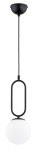 Lampa wisząca Vavil D150 w kolorze czarnym z białym kloszem w kształcie kuli, zawieszona na cienkim czarnym przewodzie. Kształt konstrukcji jest minimalistyczny, z okrągłym mocowaniem sufitowym i prostokątnym uchwytem.