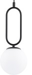 Czarna lampa wisząca Vavil D150 z okrągłym, białym kloszem. Produkt zawieszony na cienkim kablu, z metalowym uchwytem w kształcie elipsy. Klosz o gładkiej, matowej powierzchni, w stylu nowoczesnym. Idealna do różnych aranżacji wnętrz.