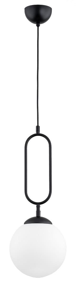 Lampa wisząca Vavil D200 w czarnym kolorze, z białą, okrągłą kloszem ze szkła. Zawieszona na cienkim, czarnym przewodzie, z metalowym uchwytem w kształcie prostokąta. Produkt w pozycji wiszącej, na prostym tle.