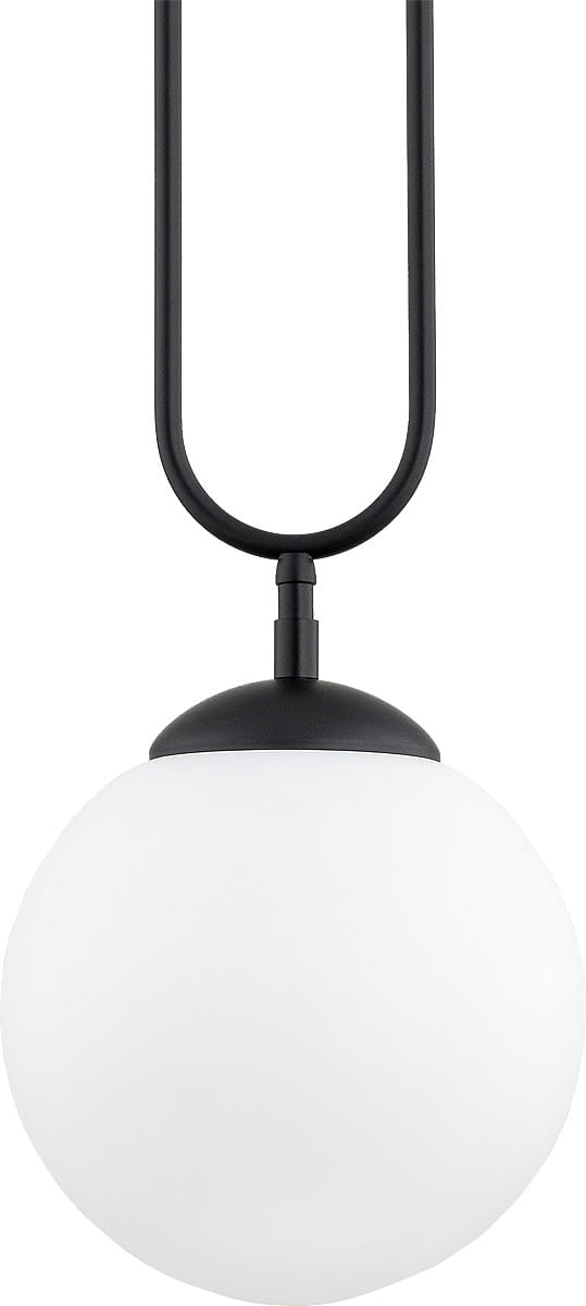 Czarna lampa wisząca Vavil D200 z jednym punktem świetlnym, z metalowym elementem mocującym oraz okrągłym, białym kloszem w kształcie kuli. Ujęcie frontalne, wisząca, na jednolitym tle.