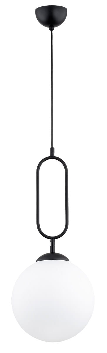 Lampa wisząca Vavil D250 w kolorze czarnym, z jedną punktową żarówką. Posiada okrągłą, białą klosz w kształcie kuli, zawieszony na cienkim, czarnym przewodzie. U góry znajduje się czarna podsufitka oraz element w kształcie owalu.