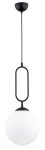 Lampa wisząca Vavil D250 w kolorze czarnym, z jedną punktową żarówką. Posiada okrągłą, białą klosz w kształcie kuli, zawieszony na cienkim, czarnym przewodzie. U góry znajduje się czarna podsufitka oraz element w kształcie owalu.