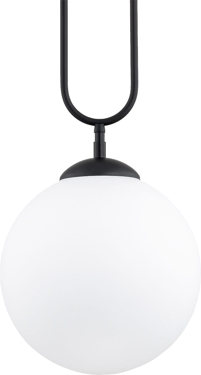 Czarna lampa wisząca Vavil D250 z jednym punktem świetlnym, z okrągłym, białym kloszem z matowego szkła. Ujęcie frontalne, produkt zawieszony na metalowym uchwycie. Prosta forma, idealna do nowoczesnych wnętrz.