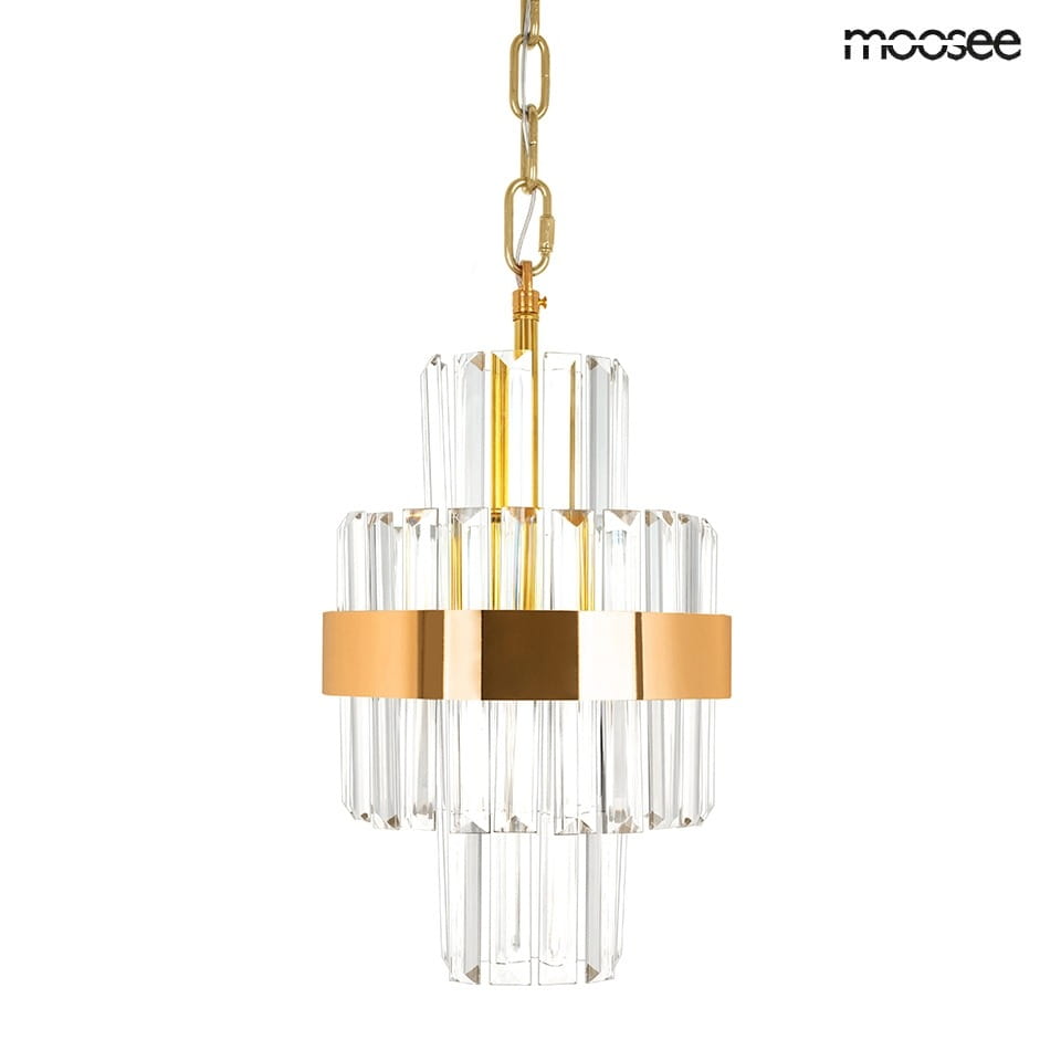 Lampa wisząca Impero LED 1-punktowa w złotym kolorze, z przezroczystymi, prostokątnymi kloszami, zawieszona na złotym łańcuchu. Stylowy design z okrągłą, złotą obręczą w centralnej części.