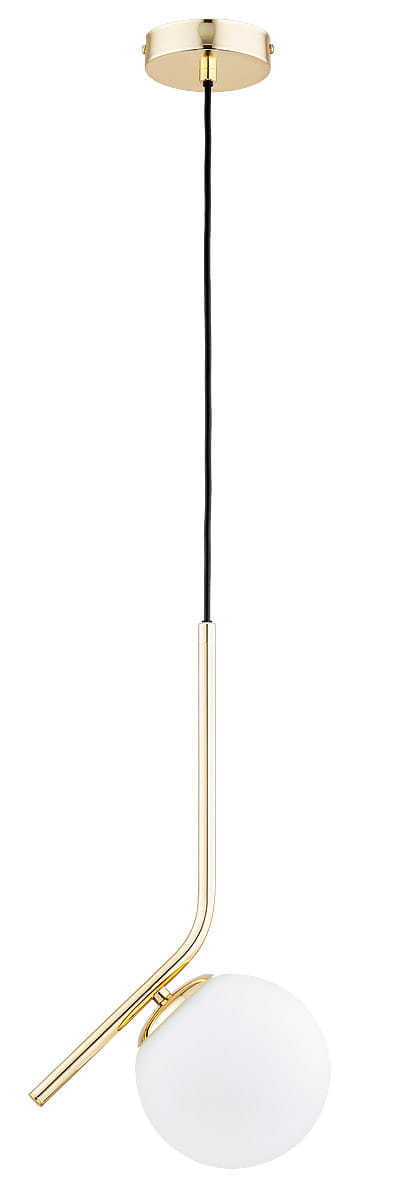 Lampa wisząca Liberty D150 w kolorze złotym, z pojedynczym źródłem światła. Posiada prostą, metalową podstawę oraz okrągły klosz z białego szkła. Ujęcie frontalne, zwisająca na czarnym przewodzie.