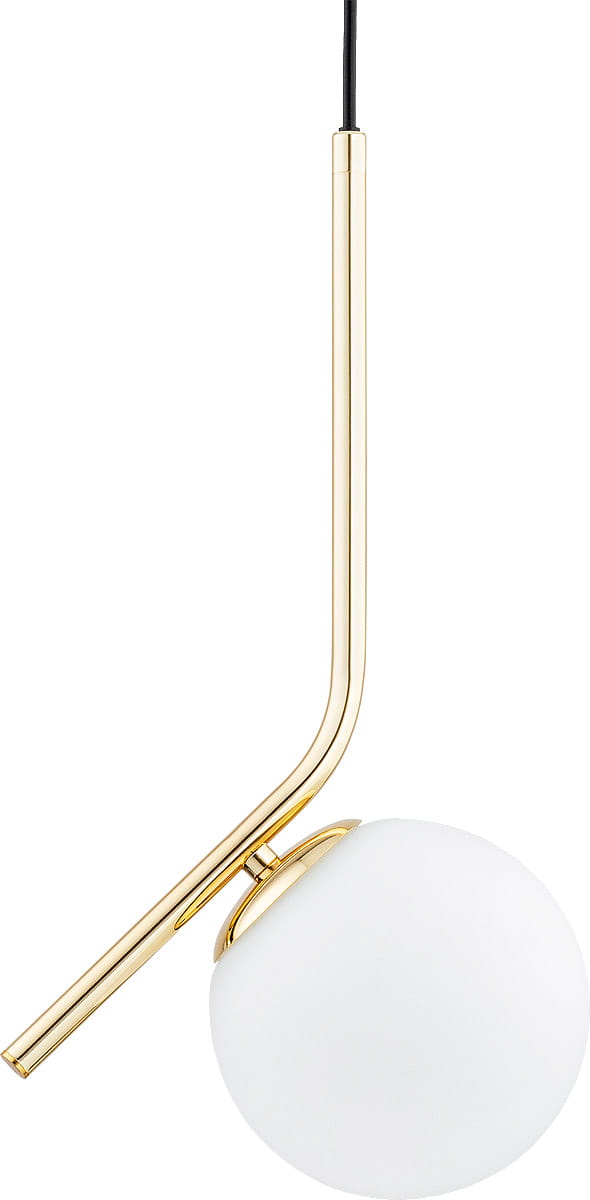 Lampa wisząca Liberty D150, złota, z okrągłym, matowym kloszem w białym kolorze. Posiada cienką, złotą rurkę, która płynnie przechodzi w klosz. Ujęcie z boku, wisząca, na czarnym przewodzie.