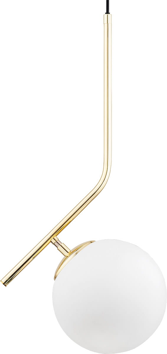 Lampa wisząca Liberty D200 w kolorze złotym z białym, okrągłym kloszem. Ujęcie z boku, pokazujące długi, prosty uchwyt oraz elegancki kształt klosza. Idealna do nowoczesnych wnętrz, dodająca stylowego akcentu.