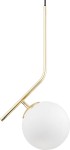 Lampa wisząca Liberty D200 w kolorze złotym z białym, okrągłym kloszem. Ujęcie z boku, pokazujące długi, prosty uchwyt oraz elegancki kształt klosza. Idealna do nowoczesnych wnętrz, dodająca stylowego akcentu.