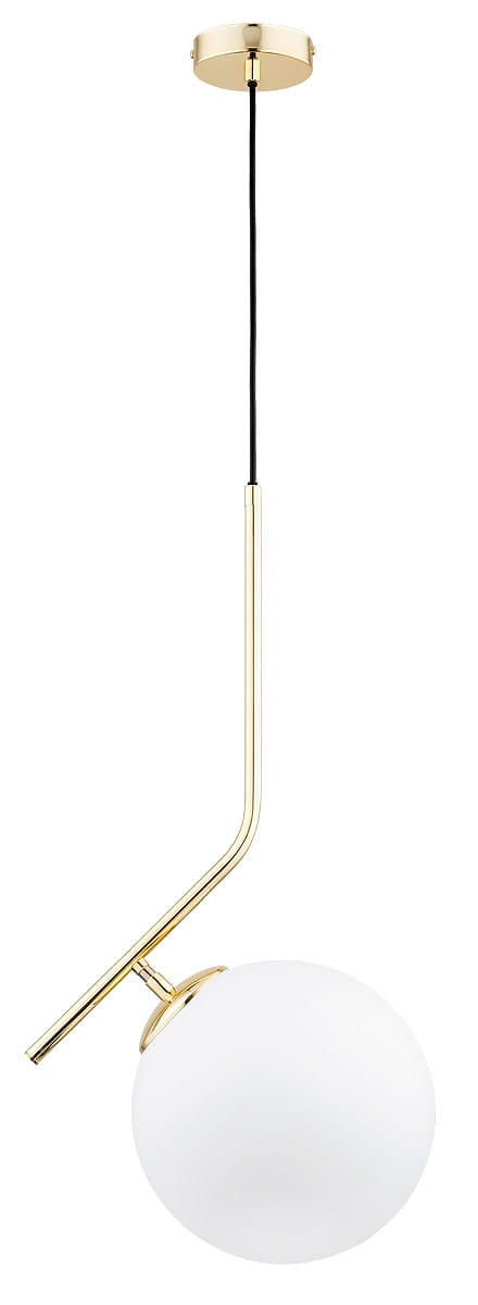 Lampa wisząca Liberty D250 w kolorze złotym z białym, okrągłym kloszem. Posiada długi, asymetryczny stelaż oraz czarny kabel. Montowana sufitowo, wisząca, idealna do nowoczesnych wnętrz.