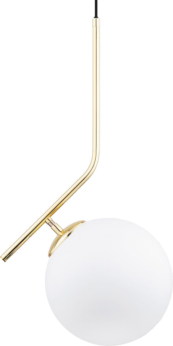 Lampa wisząca Liberty D250 w złotym kolorze, z białą, kulistą kloszową. Umożliwia montaż w pozycji wiszącej, z prostym, metalowym ramieniem. Szeroki klosz z matowego szkła zapewnia rozproszone światło, idealna do nowoczesnych wnętrz.