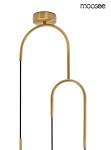 Złota lampa wisząca 1-punktowa o minimalistycznym designie, z metalowym stelażem w kształcie łuku. Utrzymana w kolorze złotym, z czarnymi przewodami. Ujęcie frontalne, montowana sufitowo, idealna do nowoczesnych wnętrz.