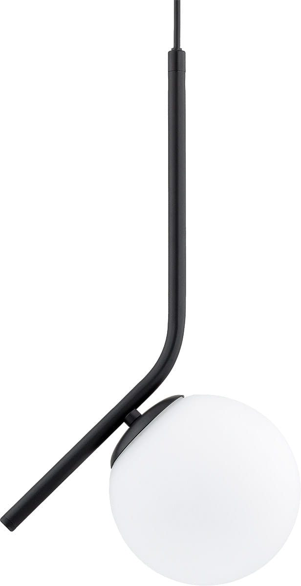 Lampa wisząca Liberty D150 w stylu minimalistycznym, czarna, z pojedynczym źródłem światła. Posiada okrągłą, białą klosz z matowego szkła oraz prostą, zakrzywioną metalową konstrukcję. Ujęcie z boku, zawieszona na cienkim przewodzie.