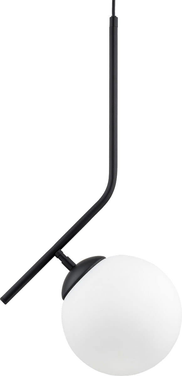 Czarna lampa wisząca Liberty D200 z białą, okrągłą kloszem, zawieszona na cienkim, prostym przewodzie. Produkt widoczny z boku, ukazuje minimalistyczny design oraz lekko zakrzywioną konstrukcję. Idealna do nowoczesnych wnętrz.
