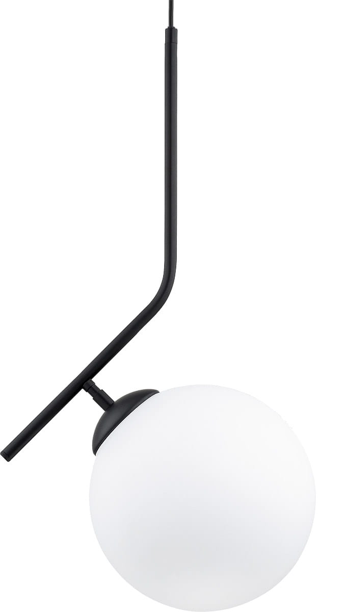 Czarna lampa wisząca Liberty D250 z pojedynczym punktem świetlnym, z okrągłym, białym kloszem. Ujęcie frontalne, lampa zawieszona na cienkim, prostym przewodzie. Minimalistyczny design, idealna do nowoczesnych wnętrz.