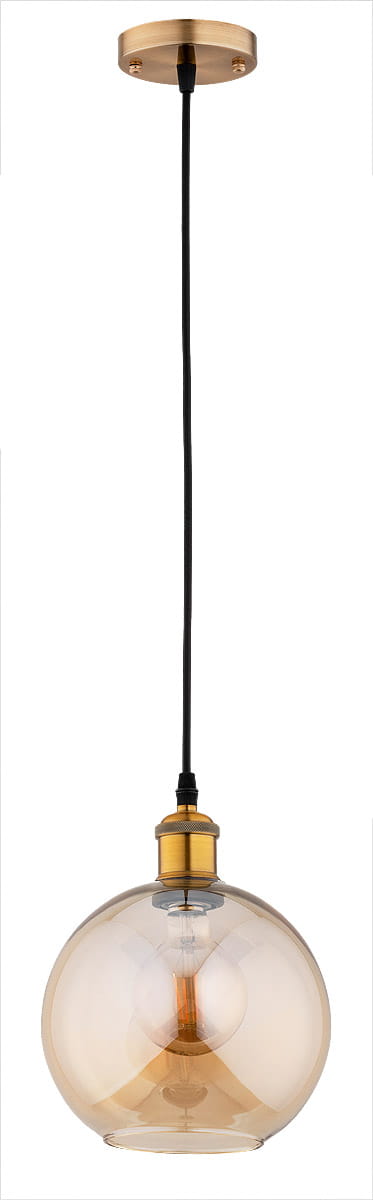 Lampa wisząca Velma 1-punktowa w kolorze patyny z przezroczystą, okrągłą kloszem. Wisi na czarnym przewodzie, z metalowym mocowaniem w odcieniu złotym. Klosz ma delikatne, zaokrąglone kształty, eksponując żarówkę wewnątrz.