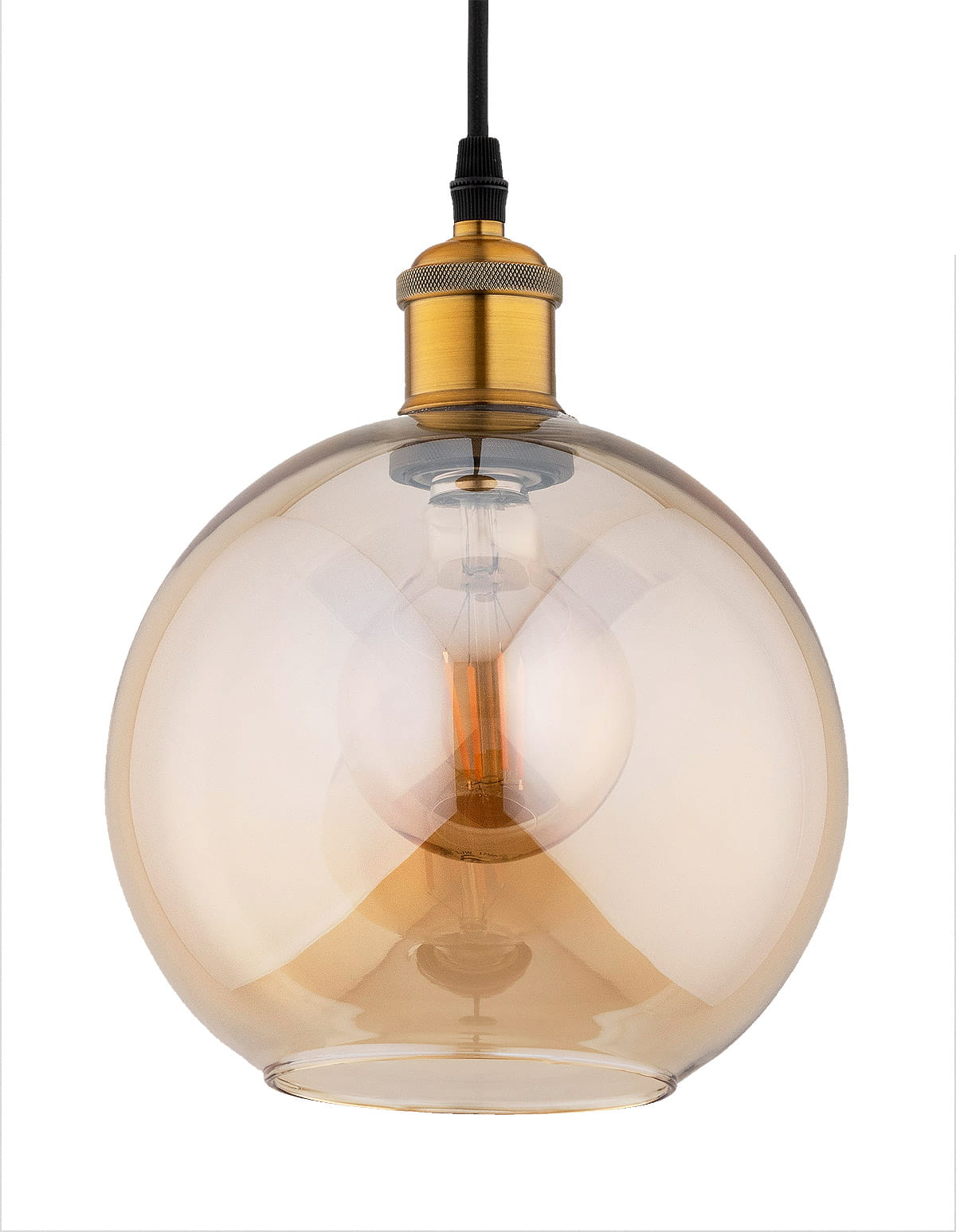 Lampa wisząca Velma 1-punktowa w kolorze patyny z przezroczystą, szklaną kulą. Centralny element to żarówka w stylu retro. Ujęcie z dołu, pokazujące detal mocowania i kształt klosza. Kabel w czarnym kolorze.