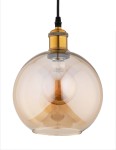 Lampa wisząca Velma 1-punktowa w kolorze patyny z przezroczystą, szklaną kulą. Centralny element to żarówka w stylu retro. Ujęcie z dołu, pokazujące detal mocowania i kształt klosza. Kabel w czarnym kolorze.